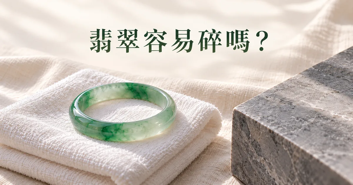 一隻綠色翡翠手鐲放在疊好的白毛巾上,旁邊是石材檯面的硬邊,配標題「翡翠容易碎嗎?」