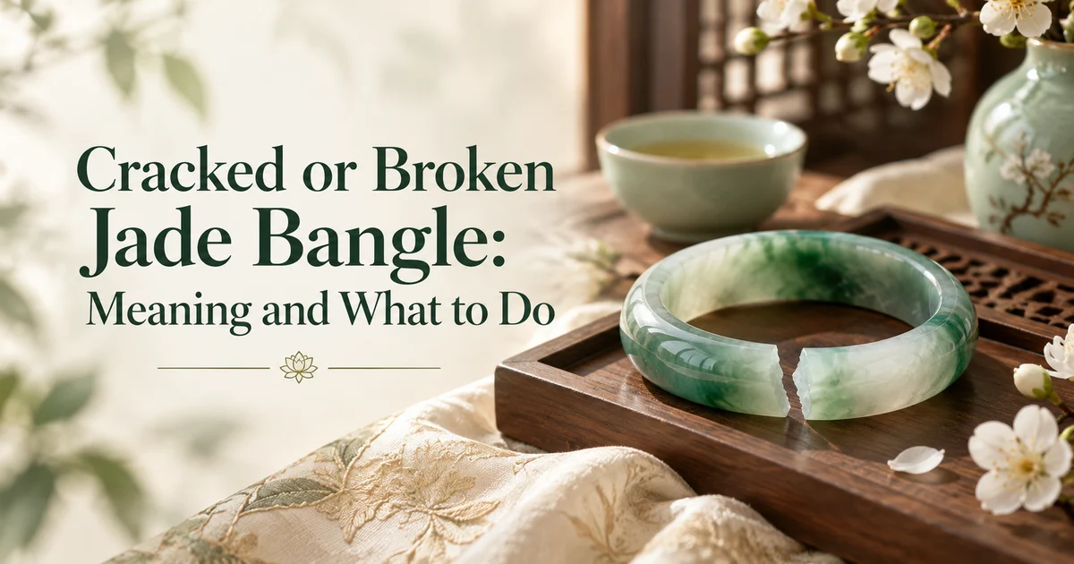 A green and white jadeite bangle with a crack across its band on a dark wooden tea tray, beside a celadon tea cup, vase and white blossoms, with the title Cracked or Broken Jade Bangle: Meaning and What to Do