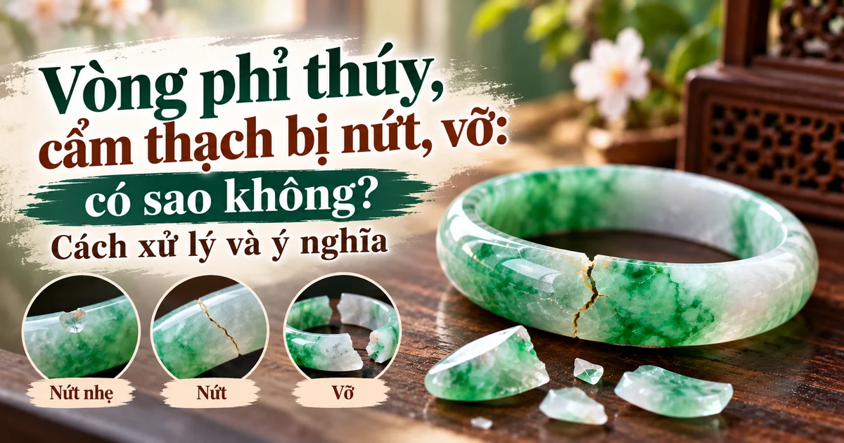 Chiếc vòng cẩm thạch (phỉ thúy) xanh bị nứt và vài mảnh vỡ trên bàn gỗ, kèm ba hình tròn minh họa mẻ, nứt và vỡ, với tiêu đề Vòng phỉ thúy, cẩm thạch bị nứt, vỡ: có sao không?