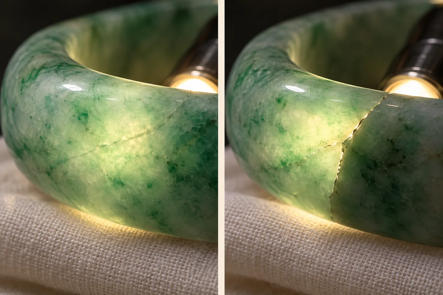 Two close-ups of a green jadeite bangle lit from inside by a flashlight: on the left, light passes across a faint stone line; on the right, light stops at an open crack