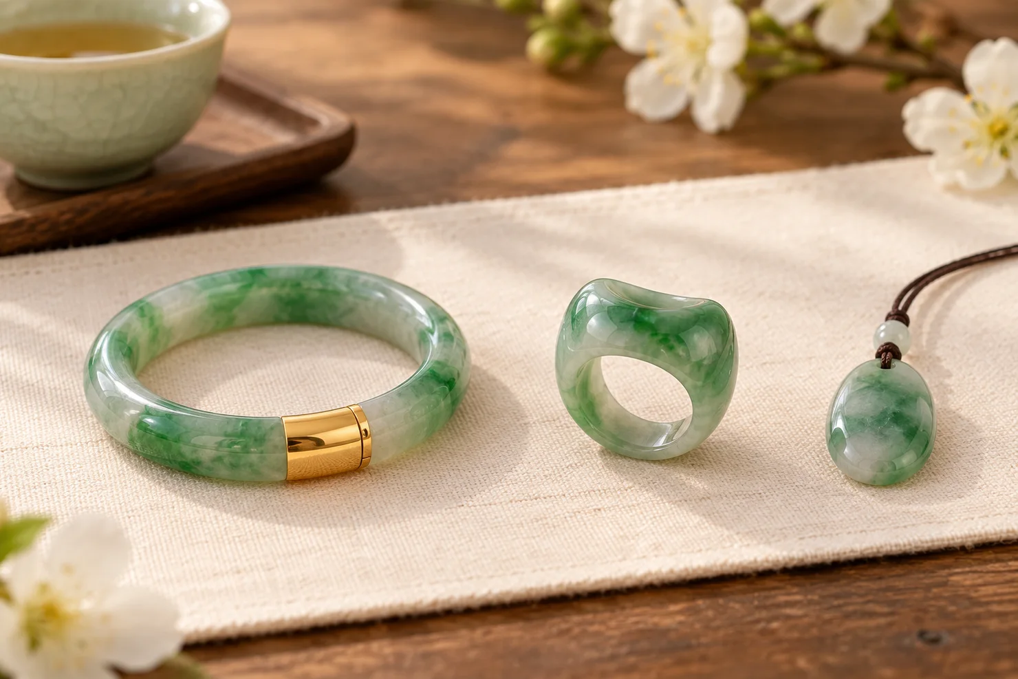 Repair options for a damaged jadeite bangle: a bangle with a gold band fitted over a crack, and a saddle ring and a small pendant recut from a broken bangle