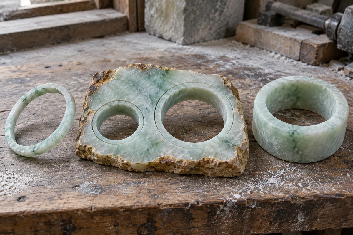 On a wooden workbench, left to right: a narrow, thin jadeite bangle blank, a sliced slab of jadeite rough with two round holes where bangles were cut out, and a wide, thick bangle blank cut from the same slab