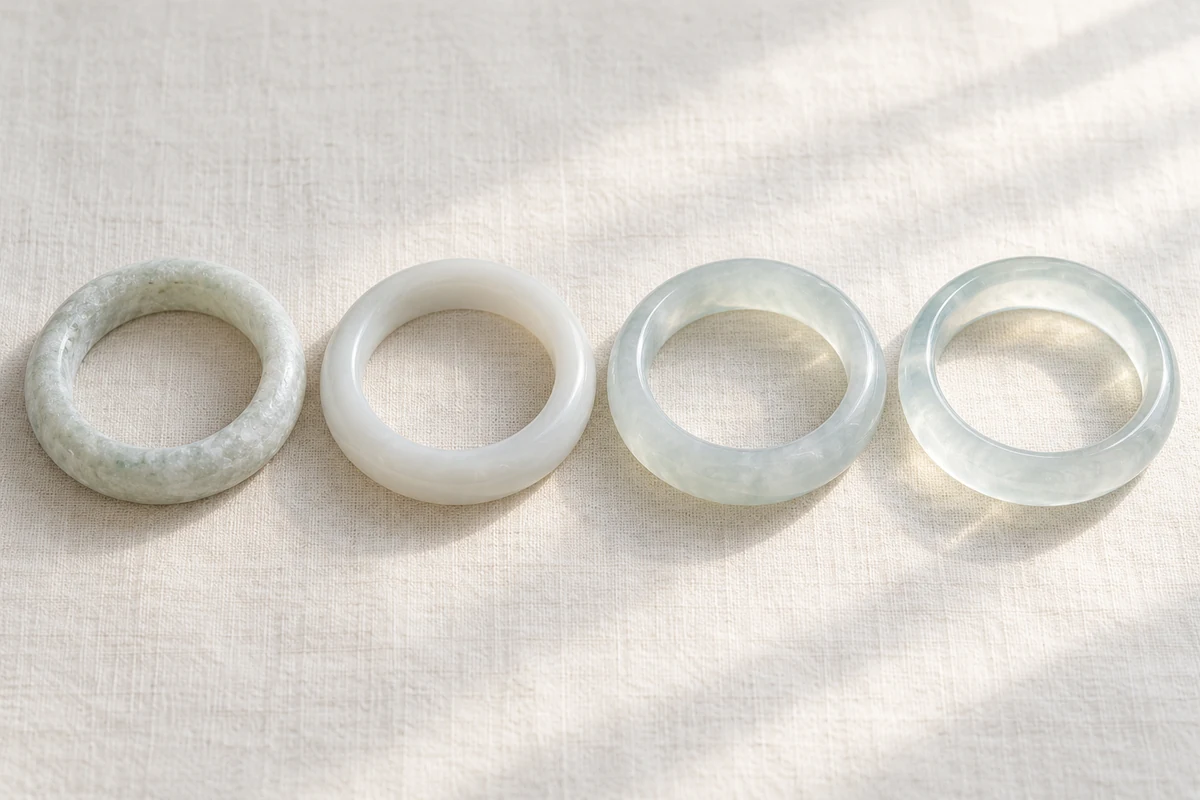 Four pale jadeite bangles in a row on ivory linen in daylight, left to right: a grainy, opaque bean-texture bangle, a soft, milky glutinous-texture bangle, a semi-translucent icy-glutinous bangle and a clear, glowing icy bangle