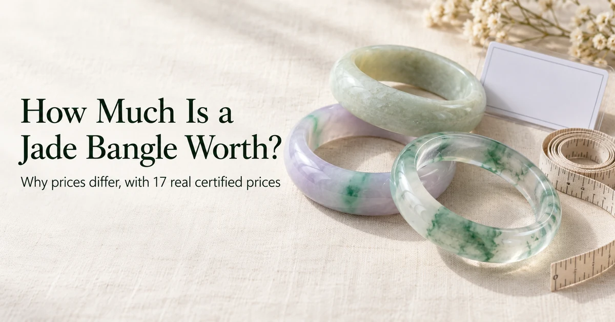 Three jadeite bangles of different textures and colors beside a small lab certificate card and a measuring tape on ivory linen in soft daylight