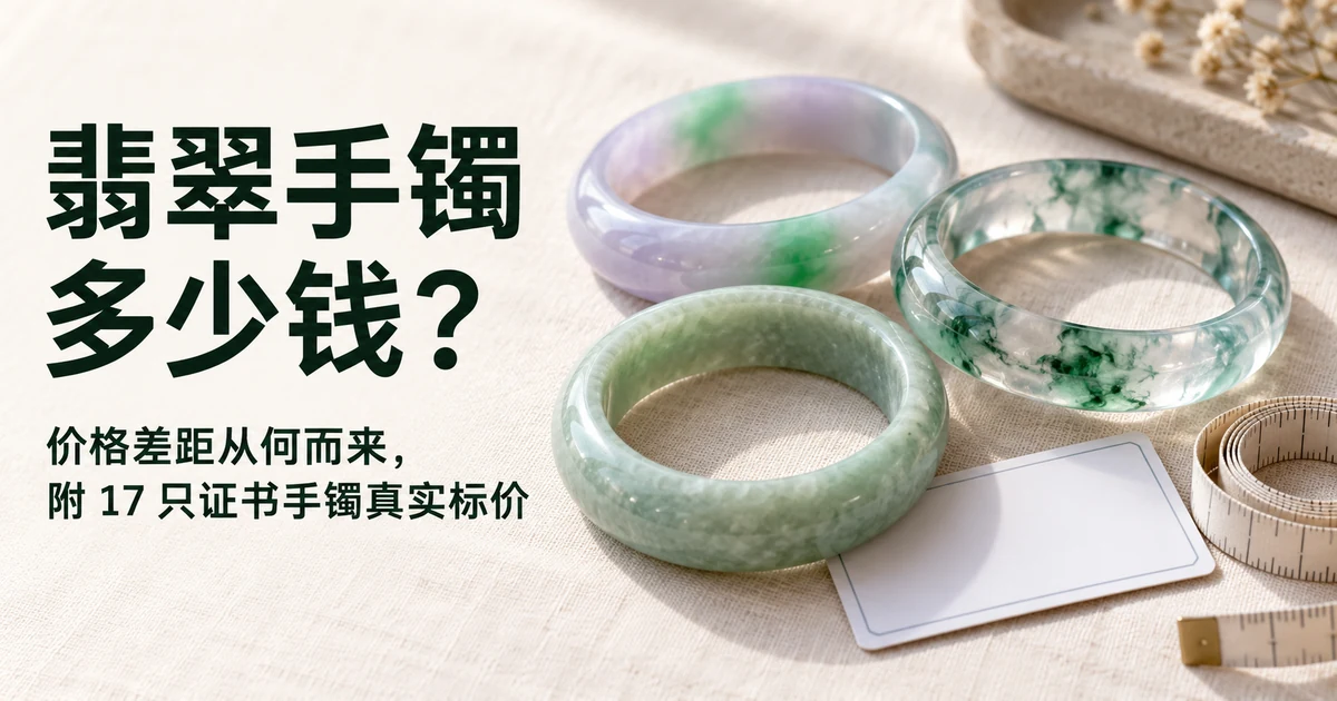 米白色亚麻布上三只种水颜色各不相同的翡翠手镯,旁边放着一张小检测证书卡和一卷软尺,柔和日光