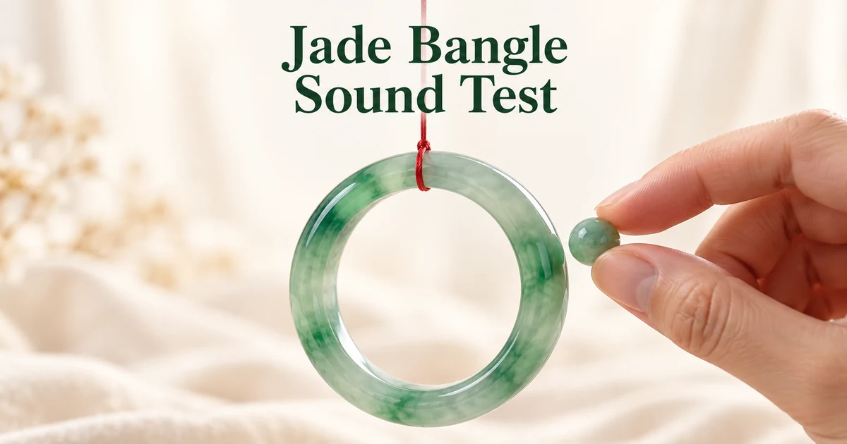 A jadeite bangle with green patches hanging from a thin red thread, while a hand holds a small jade bead close to its rim, against a soft ivory background