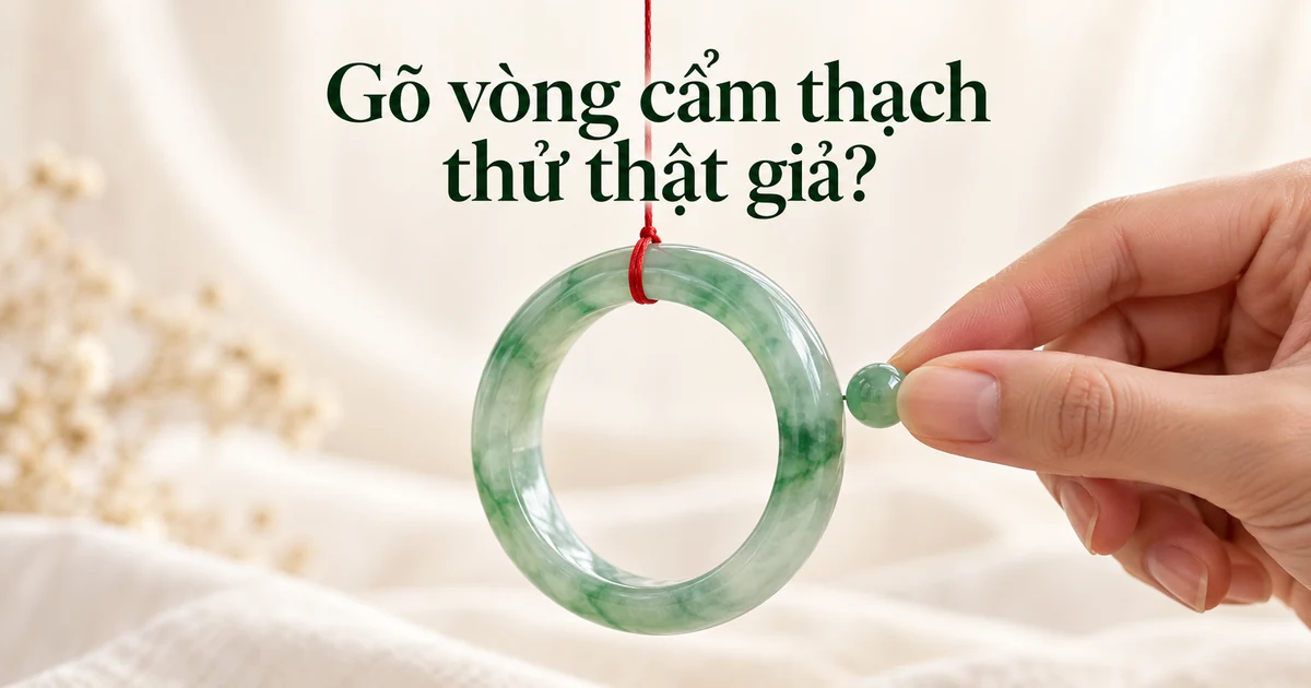 Một chiếc vòng phỉ thúy xanh lục hơi trong treo trên sợi chỉ đỏ mảnh, một hạt ngọc nhỏ được đưa sát mép vòng, trên nền màu ngà dịu