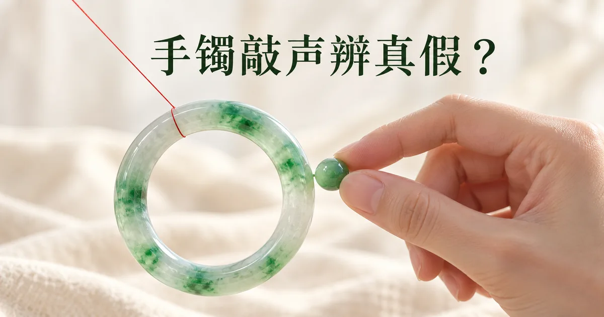 一只带绿色斑块的翡翠手镯吊在细红线上,一只手拿着小玉珠靠近镯子外沿,柔和的米白背景
