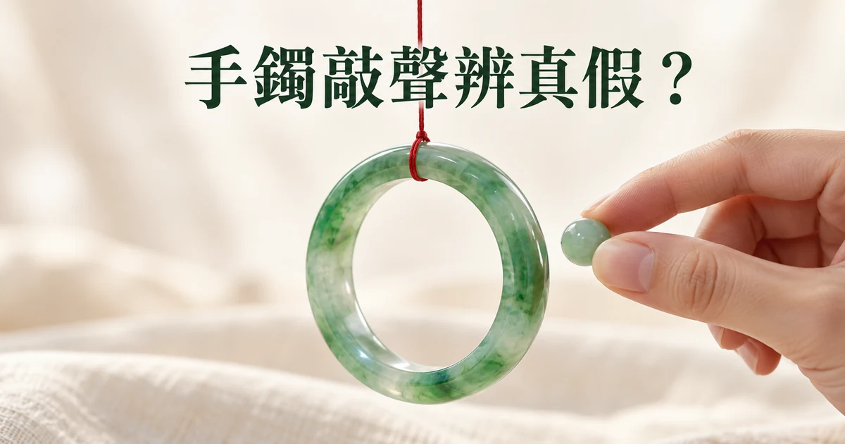 一隻帶綠色斑塊的翡翠手鐲吊在細紅線上,一隻手拿著小玉珠靠近鐲子外沿,柔和的米白背景
