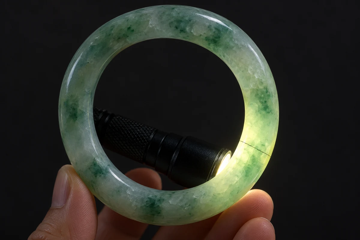 In a dim room, a hand holds up a white jadeite bangle with green patches, lit by a small flashlight placed inside its opening; a fine dark line crosses the glowing band where the light is cut off by a crack