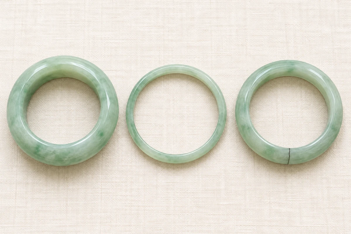Three jadeite bangles side by side on ivory linen in soft daylight, left to right: a thick, chunky round bangle, a slim, thin round bangle, and a bangle with a fine crack line visible across its band
