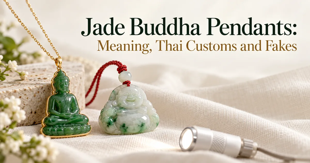 A green jadeite Thai-style seated Buddha pendant in a gold frame on a gold chain, beside an unframed laughing Buddha pendant on a red cord and a small flashlight on ivory linen, with the title Jade Buddha Pendants: Meaning, Thai Customs and Fakes
