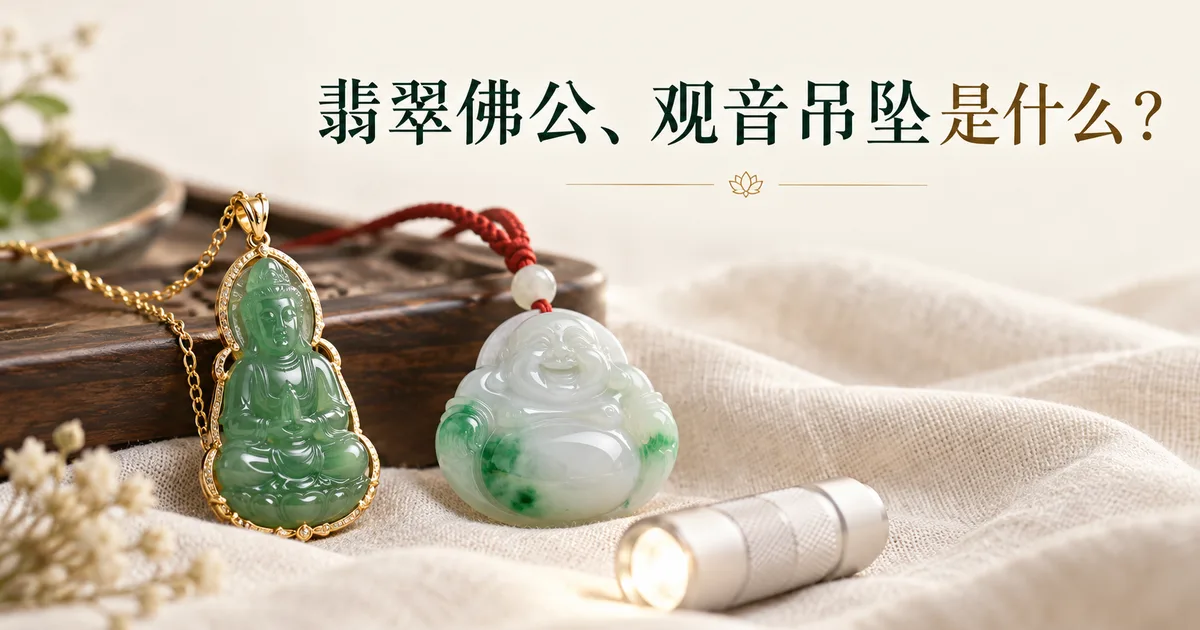 米白亚麻布上,一尊包了金框、穿在金链上的绿色翡翠观音,旁边是穿红绳的翡翠佛公和一支小手电,后面是深色木盒,配标题「翡翠佛公、观音吊坠是什么?」