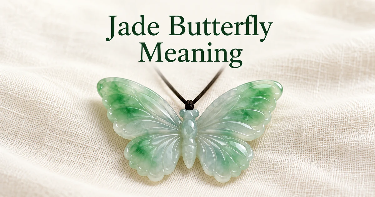 A carved icy jadeite butterfly pendant with soft green on its wings, on a thin dark cord, lying on ivory linen in soft daylight