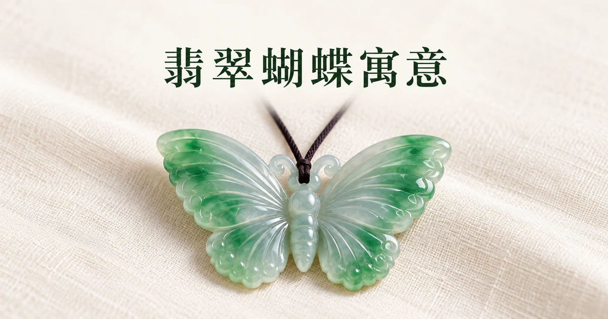 米白亚麻布上一只冰种翡翠蝴蝶吊坠,翅膀上带淡淡的绿色,穿着细的深色绳,柔和自然光