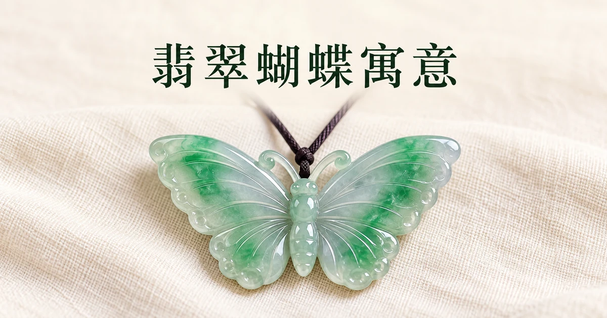 米白亞麻布上一隻冰種翡翠蝴蝶吊墜,翅膀上帶淡淡的綠色,穿著細的深色繩,柔和自然光
