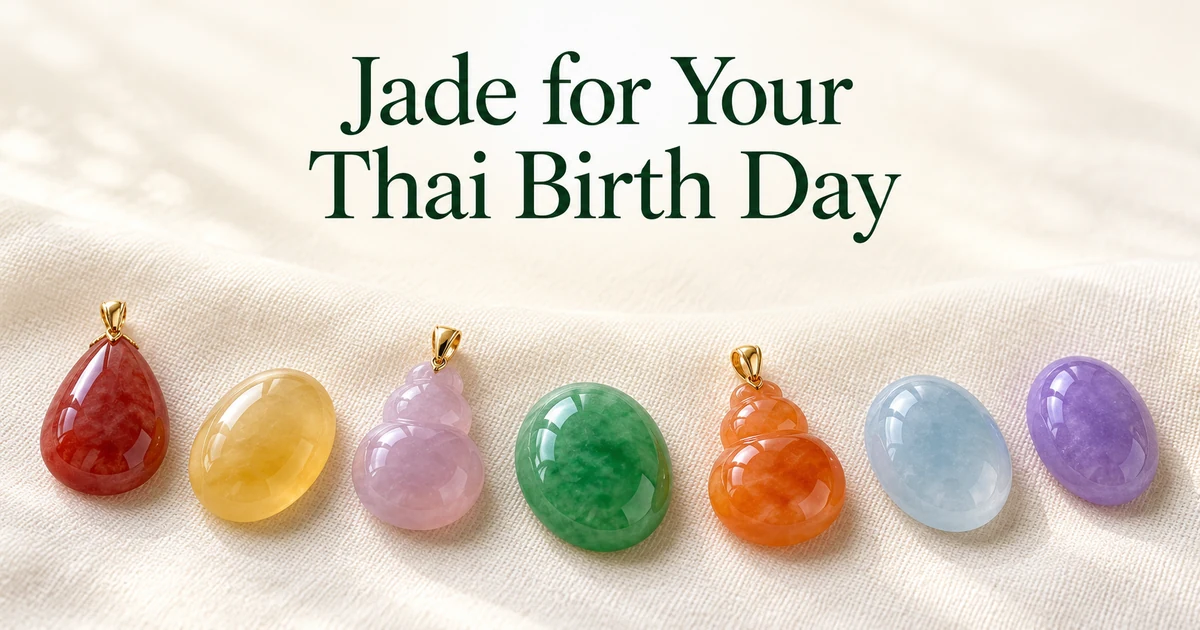 Seven jadeite pendants and cabochons in a row on ivory linen in soft daylight, some with small gold bails: red, yellow, pinkish lavender, green, orange, pale blue and purple