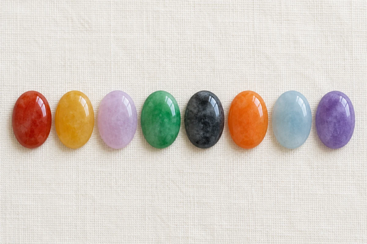 Eight small jadeite cabochons in a row on ivory linen in soft daylight, left to right: red, yellow, pinkish lavender, green, dark grey-black, orange, pale blue and purple
