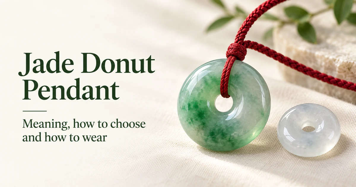 A green jadeite donut with mottled green on a red braided cord and a small icy, nearly colorless donut beside it on ivory linen, with a pale stone block, small white flowers and green leaves in the background