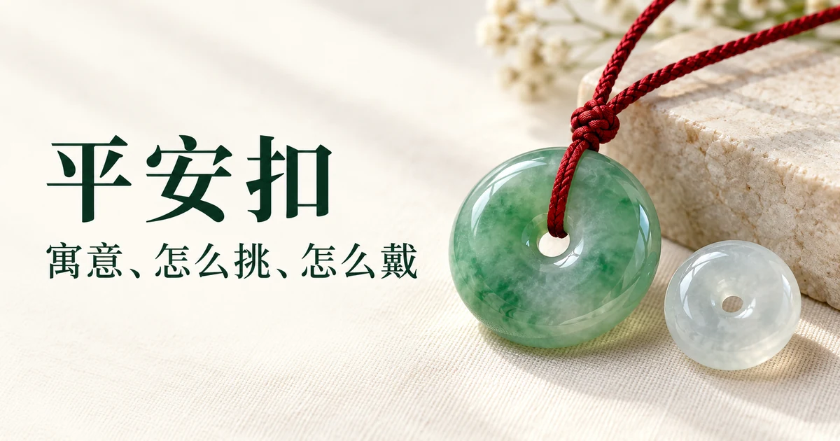 米白色亚麻布上一只带斑驳绿色的翡翠平安扣系在红色编织绳上,旁边放着一只较小、近乎无色的冰种平安扣,背景有一块浅色石块、白色小花和绿叶