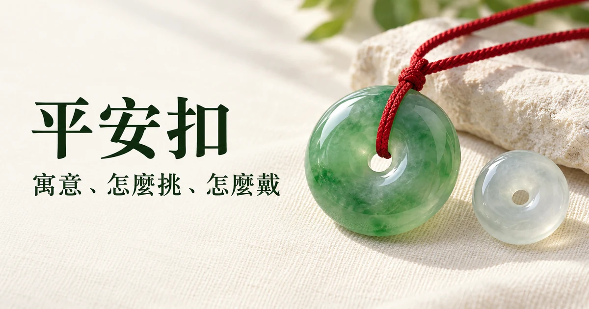米白色亞麻布上一隻帶斑駁綠色的翡翠平安扣繫在紅色編織繩上,旁邊放著一隻較小、近乎無色的冰種平安扣,背景有一塊淺色石塊、白色小花和綠葉