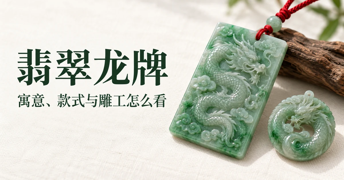 米白色亚麻布上的一块系红绳的绿色翡翠龙牌,旁边是一件小巧的翡翠盘龙,柔和日光