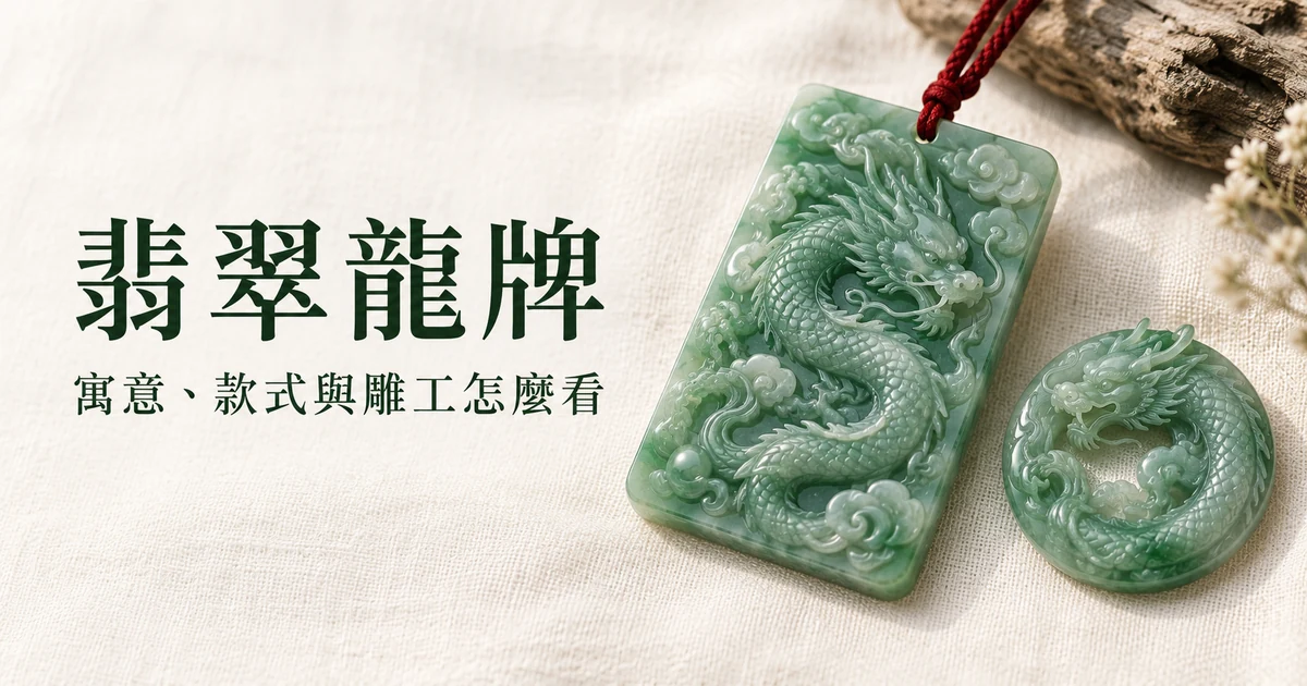 米白色亞麻布上的一塊系紅繩的綠色翡翠龍牌,旁邊是一件小巧的翡翠盤龍,柔和日光