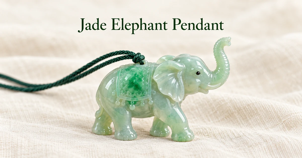 A carved jadeite elephant pendant with its trunk raised and a green saddle cloth on its back, on a dark green braided cord, lying on ivory linen in soft daylight