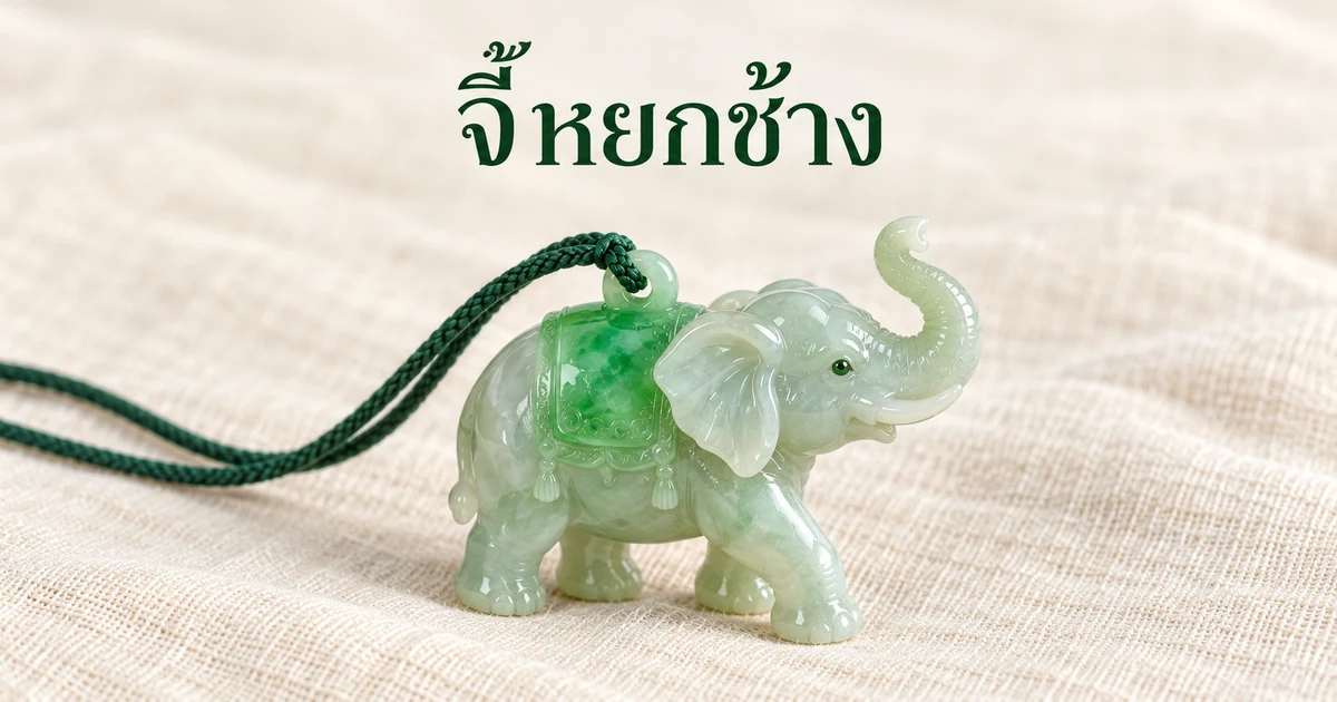 จี้หยกพม่ารูปช้างชูงวง หลังมีผ้าคลุมสีเขียว ร้อยเชือกถักสีเขียวเข้ม วางบนผ้าลินินสีงาช้างในแสงธรรมชาตินุ่มนวล