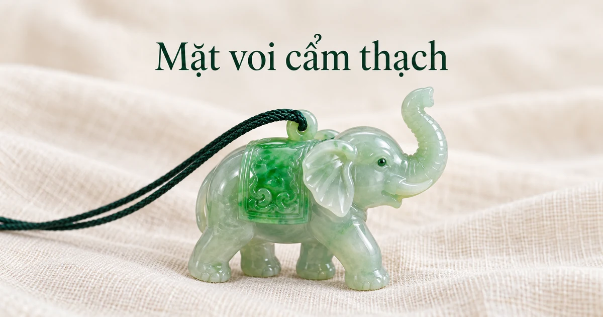 Mặt voi cẩm thạch giơ cao vòi, trên lưng phủ yên màu xanh, xỏ dây tết màu xanh đậm, đặt trên vải lanh màu ngà dưới ánh sáng tự nhiên dịu