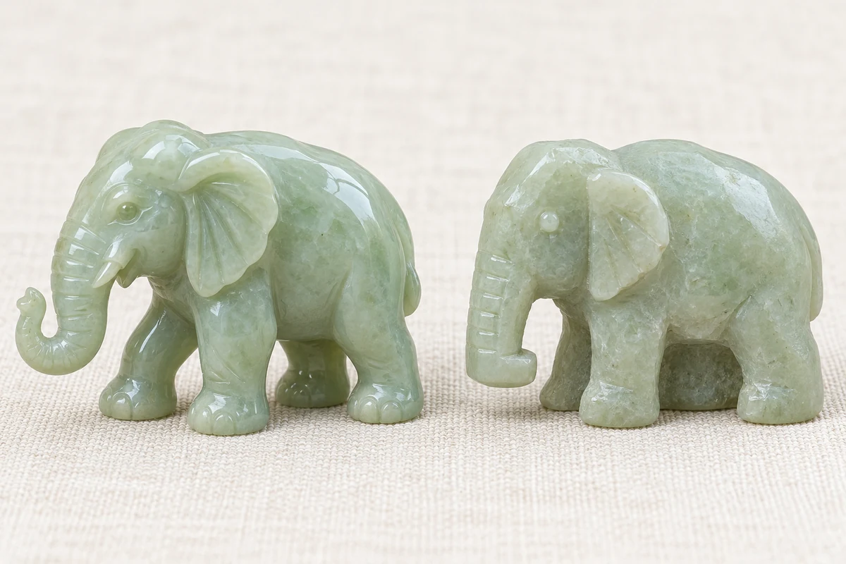 Two pale green jadeite elephant carvings side by side on ivory linen in a close-up, left to right: an elephant with a smoothly curved trunk, clearly cut ears and legs and a glassy polish, and an elephant of the same size with a stiff, blocky trunk, shallow lines and a dull, grainy surface