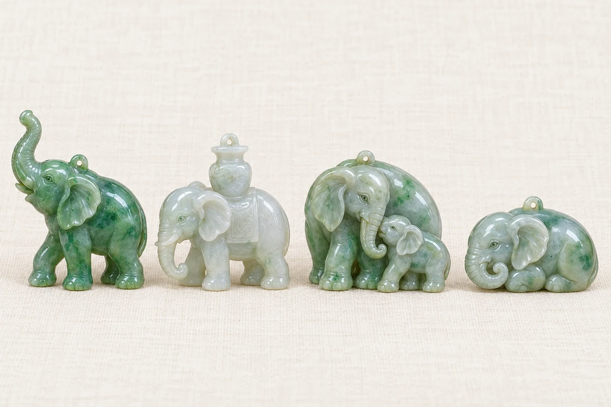 Four carved jadeite elephant pendants in a row on ivory linen, left to right: a green elephant standing with its trunk raised, a pale icy elephant carrying a small vase on its back, a mother elephant with a calf beside her, and a small rounded elephant lying down with its trunk curled