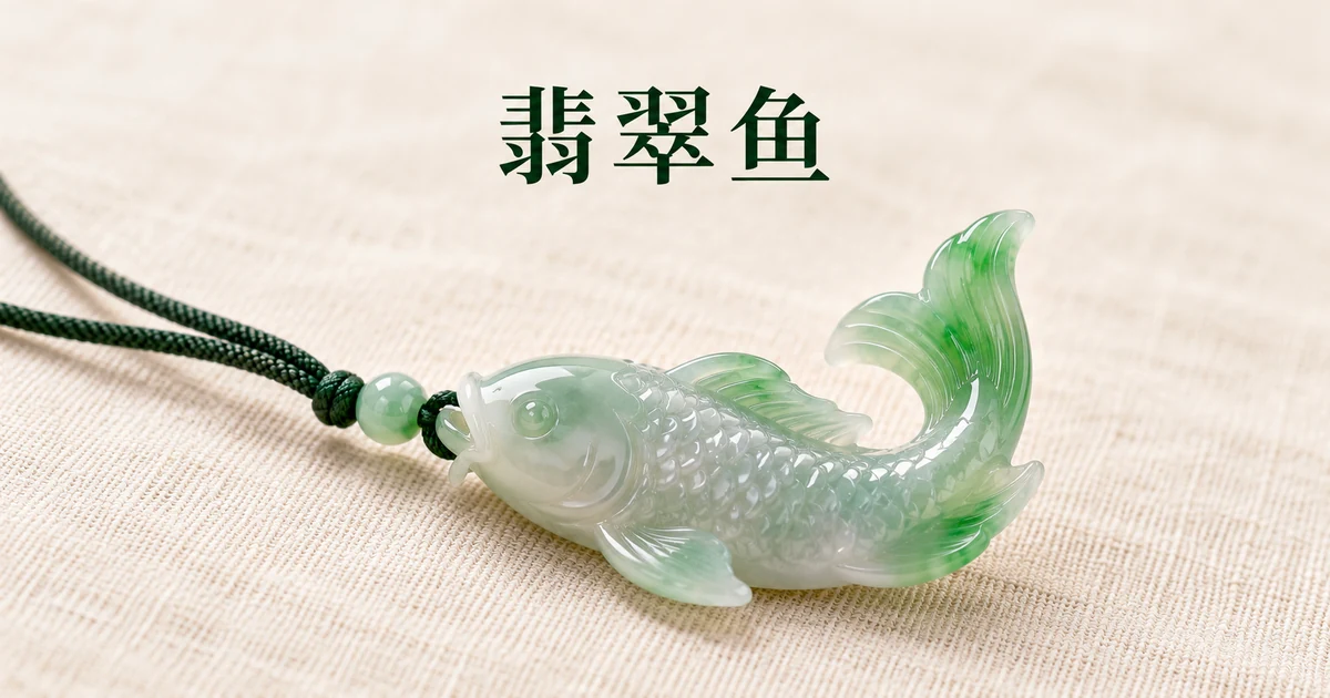米白色亚麻布上一只尾巴上翘的翡翠鲤鱼吊坠,鳍和尾带绿色,穿在配小玉珠的墨绿色编绳上,柔和自然光