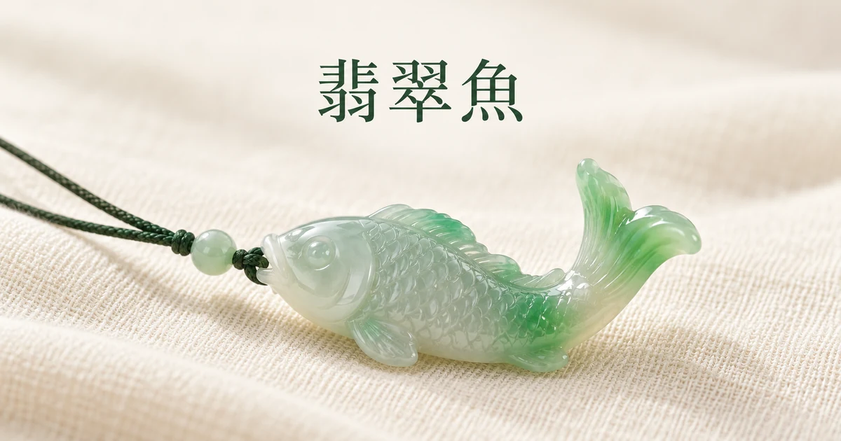 米白色亞麻布上一隻尾巴上翹的翡翠鯉魚吊墜,鰭和尾帶綠色,穿在配小玉珠的墨綠色編繩上,柔和自然光