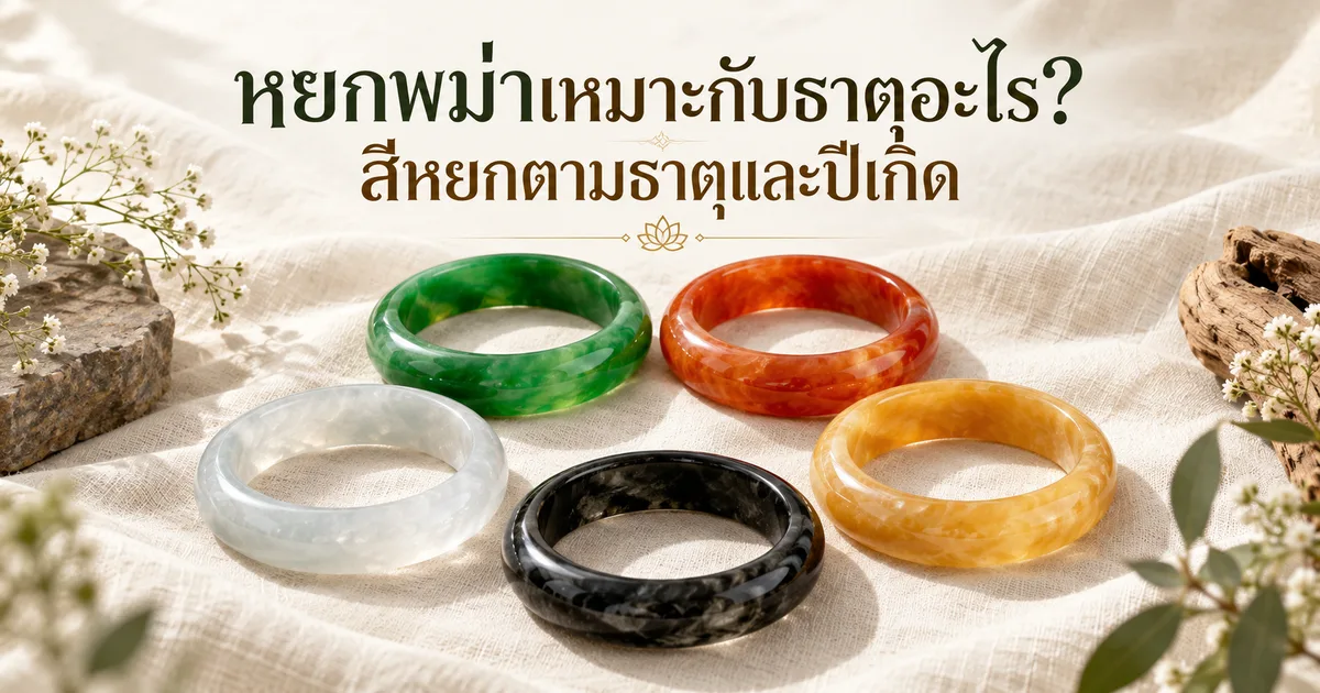 กำไลหยกพม่าห้าวง สีเขียว ส้มแดง เหลืองน้ำผึ้ง ขาวใส และดำ จัดเป็นวงกลมบนผ้าลินินสีงาช้าง พร้อมชื่อบทความ หยกพม่าเหมาะกับธาตุอะไร? สีหยกตามธาตุและปีเกิด