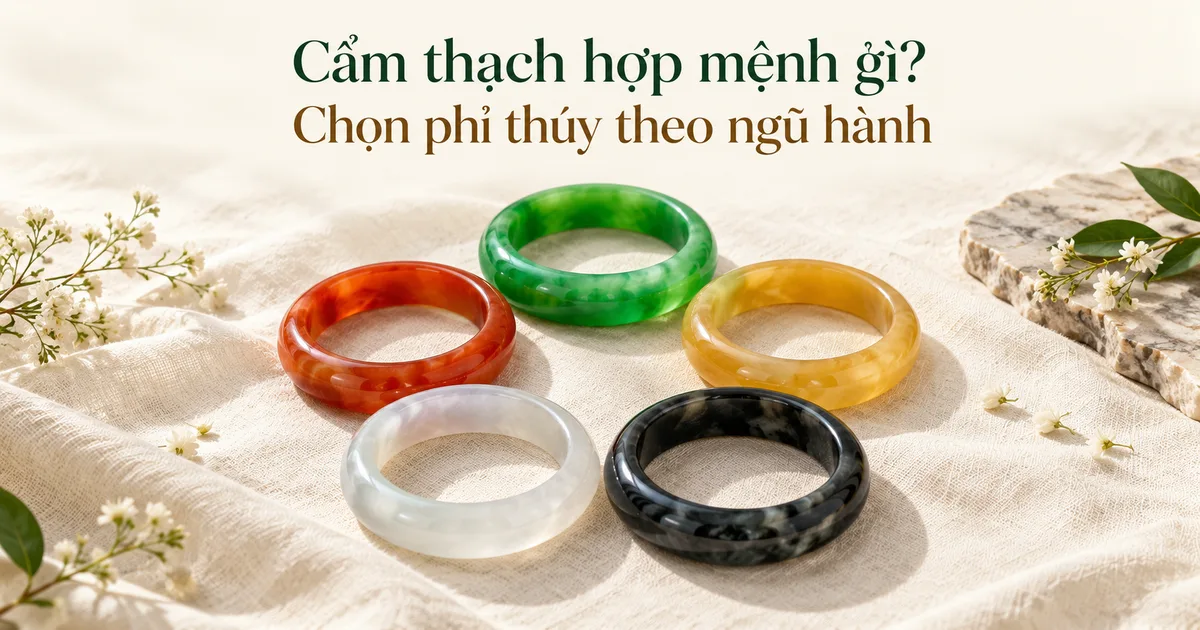 Năm chiếc vòng cẩm thạch xanh lá, đỏ cam, vàng mật ong, trắng trong và đen xếp thành vòng tròn trên vải lanh màu ngà, kèm tiêu đề Cẩm thạch hợp mệnh gì? Chọn phỉ thúy theo ngũ hành