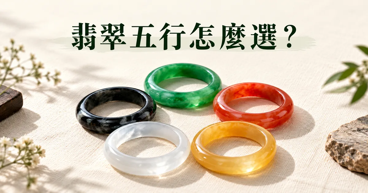 米白色亞麻布上,綠色、橙紅、蜜黃、冰白和黑色五隻翡翠手鐲圍成一圈,配標題「翡翠五行怎麼選?」