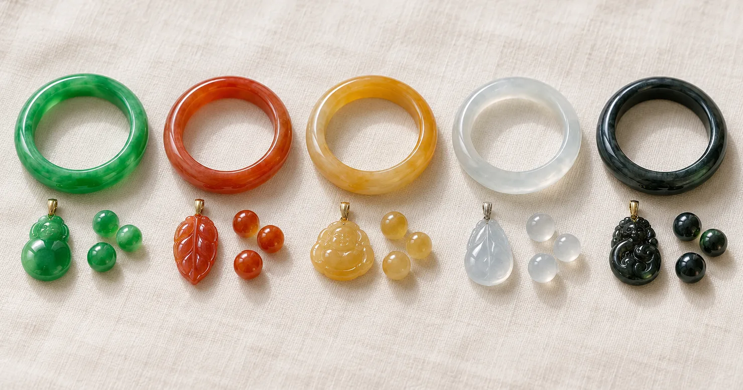 Five small groups of jadeite on ivory linen, each a bangle with a pendant and a few beads: green, orange-red, honey yellow, icy white and black