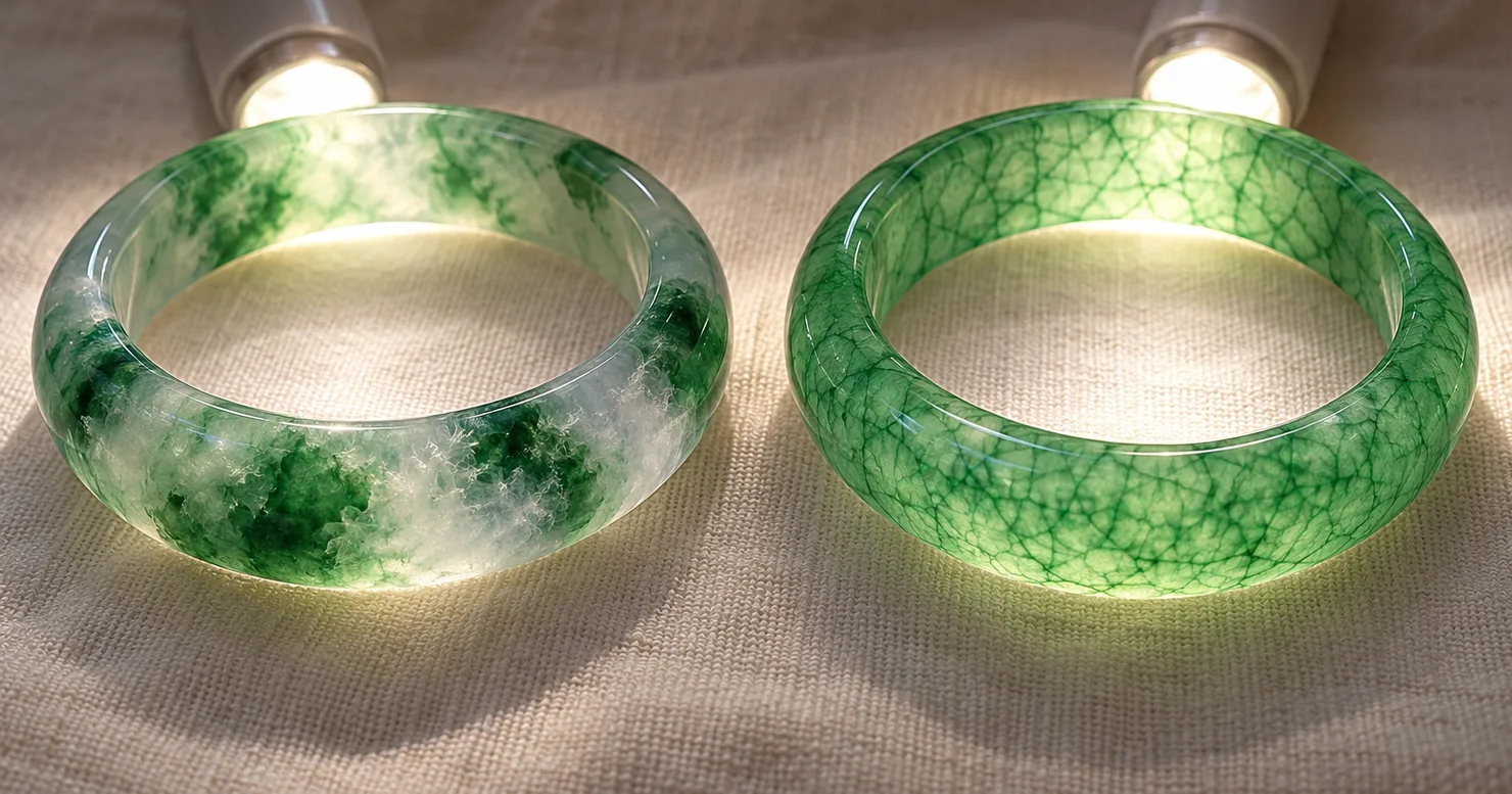 Two green jadeite bangles on ivory linen, each lit from behind by a small flashlight: the left has patchy green with soft natural edges, the right has even green gathered along a net of fine lines