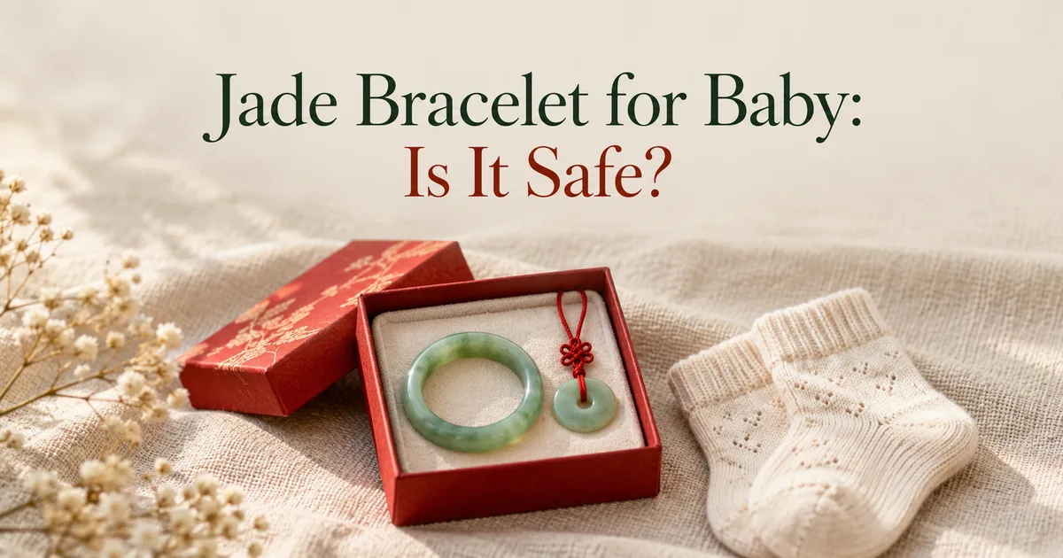 A tiny round green jadeite baby bangle and a small peace-buckle pendant on a red cord resting in an open red gift box on ivory linen beside a pair of knitted baby socks, with the title Jade Bracelet for Baby: Is It Safe?