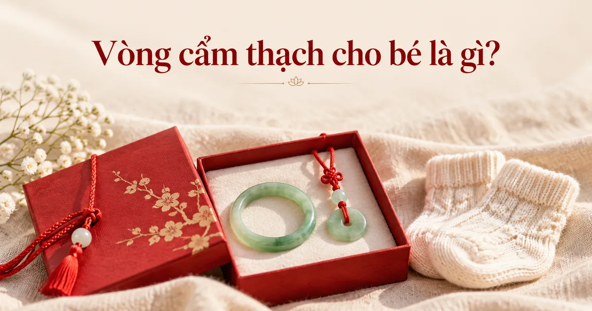 Một chiếc vòng cẩm thạch xanh nhỏ xíu cho bé và một khấu bình an đeo dây đỏ trong hộp quà đỏ mở nắp trên vải lanh màu ngà, cạnh đôi tất len em bé, kèm tiêu đề Vòng cẩm thạch cho bé là gì?