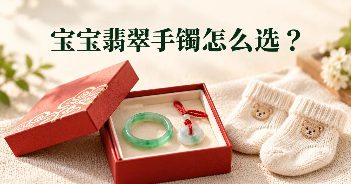 米白色亚麻布上一个打开的红色礼盒,里面放着一只小小的绿色翡翠宝宝镯和一枚系红绳的平安扣,旁边是一双针织宝宝袜,配标题「宝宝翡翠手镯怎么选?」