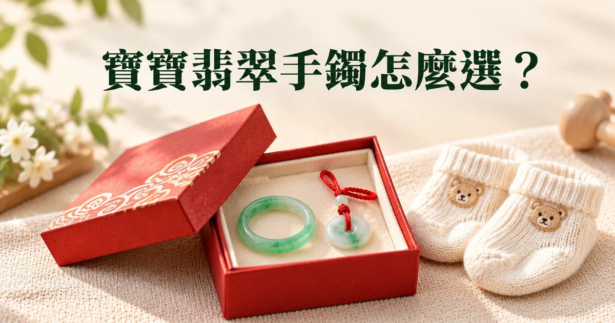 米白色亞麻布上一個打開的紅色禮盒,裡面放著一隻小小的綠色翡翠寶寶鐲和一枚繫紅繩的平安扣,旁邊是一雙針織寶寶襪,配標題「寶寶翡翠手鐲怎麼選?」