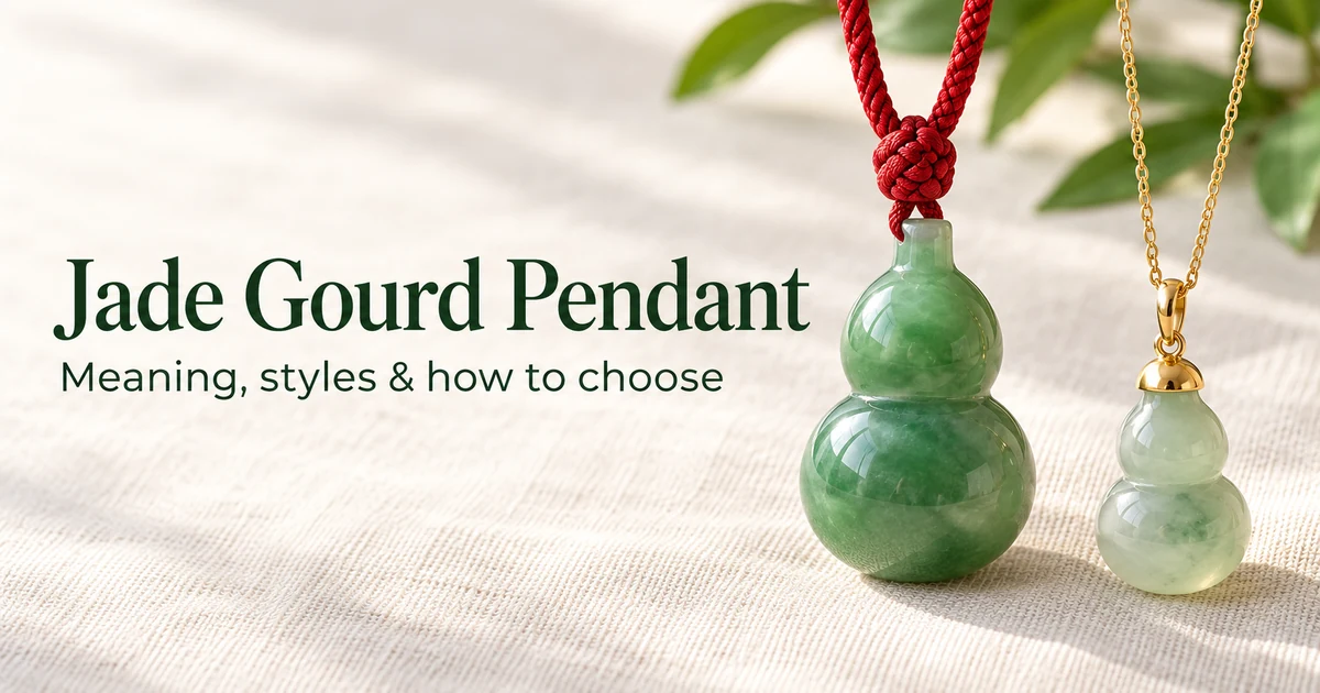 A smooth green jadeite gourd pendant on a red braided cord and a smaller gold-capped gourd on a fine gold chain hanging upright against ivory linen in soft daylight