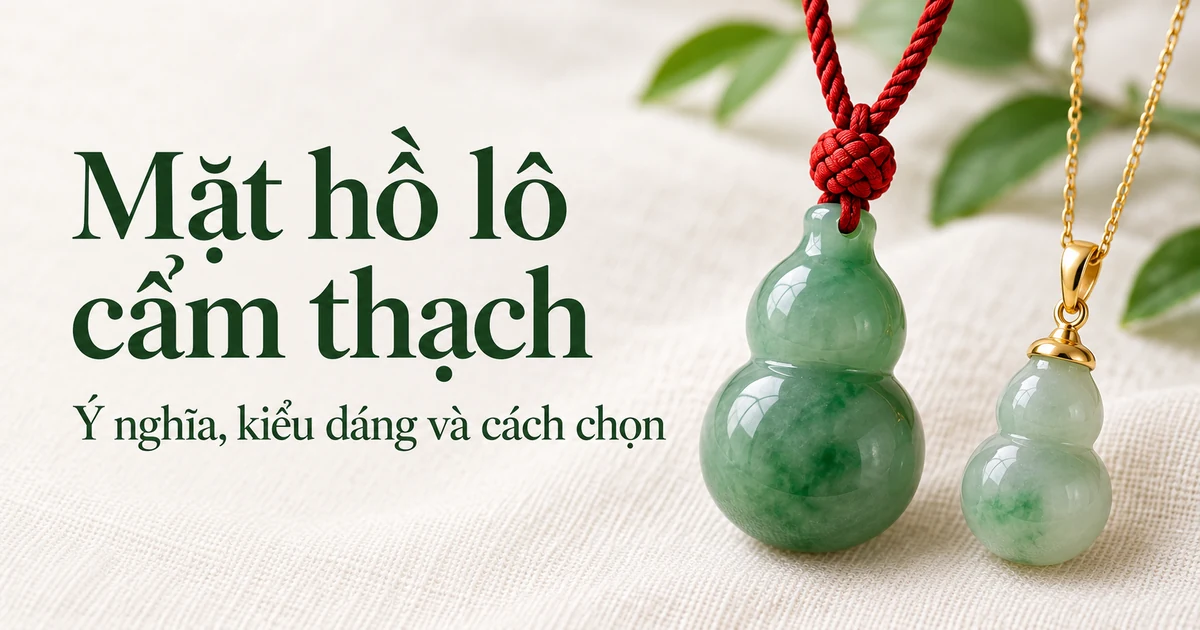 Một mặt hồ lô phỉ thúy xanh trơn đeo dây tết đỏ và một hồ lô nhỏ bọc nắp vàng trên dây chuyền vàng mảnh, dựng đứng trước nền vải lanh màu ngà dưới ánh sáng ban ngày dịu