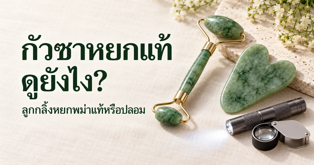 ลูกกลิ้งหน้าหยกสีเขียวและกัวซารูปหัวใจ วางข้างไฟฉายเล็กและแว่นขยาย 10 เท่า บนผ้าลินินสีงาช้างในแสงธรรมชาติอ่อน ๆ