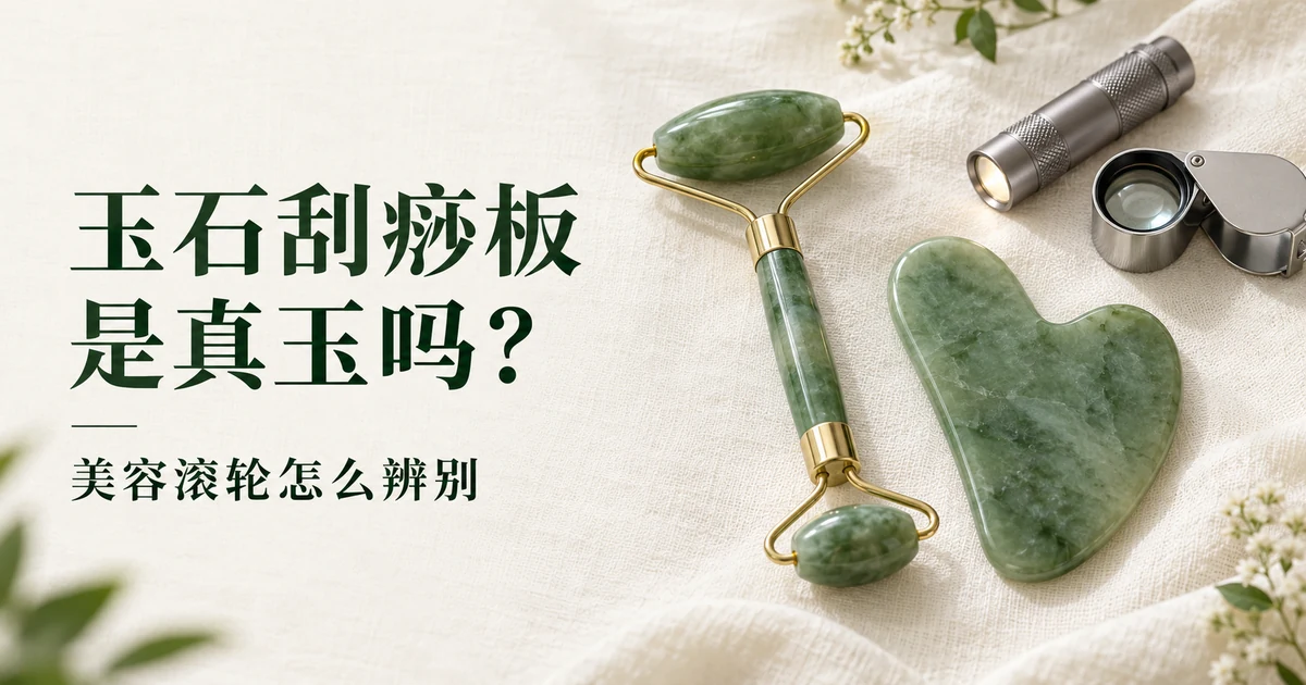 米白色亚麻布上的一只绿色玉石美容滚轮和一块心形刮痧板,旁边放着小手电和 10 倍放大镜,柔和日光
