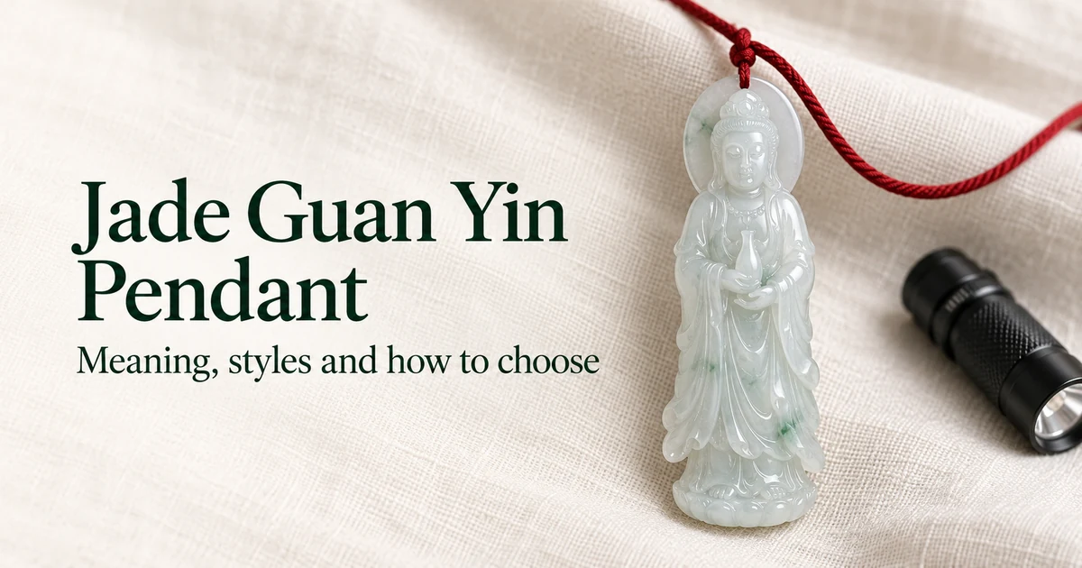 An icy, pale green jadeite standing Guanyin pendant on a red cord, lying on ivory linen in soft daylight beside a small flashlight, with the title Jade Guan Yin Pendant: Meaning, Styles and How to Choose