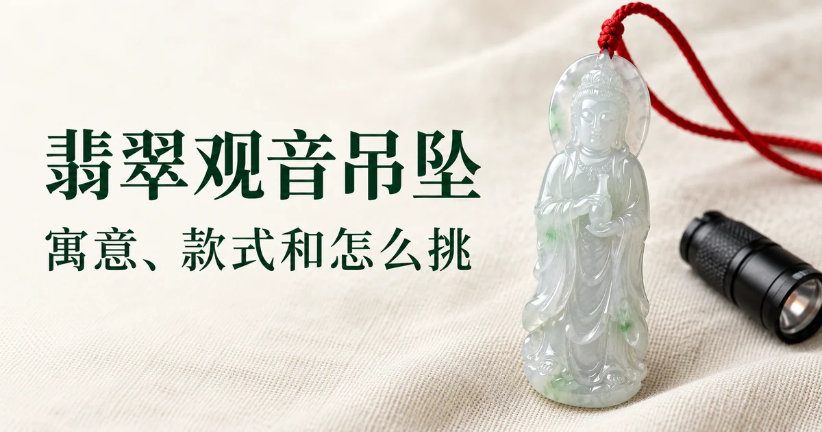 米白色亚麻布上,一尊浅绿冰种翡翠站观音吊坠系着红绳,旁边放着小手电,柔和日光,配标题「翡翠观音吊坠:寓意、款式和怎么挑」
