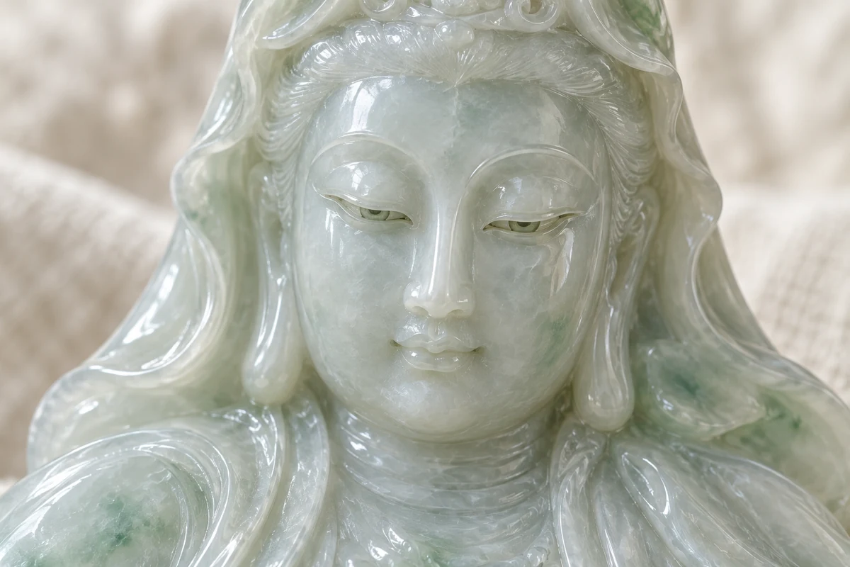 Close-up of an icy, near-colourless jadeite Guanyin face with half-closed downcast eyes, a straight nose and a small calm mouth, with fine flowing robe lines below, in soft light with a shallow depth of field